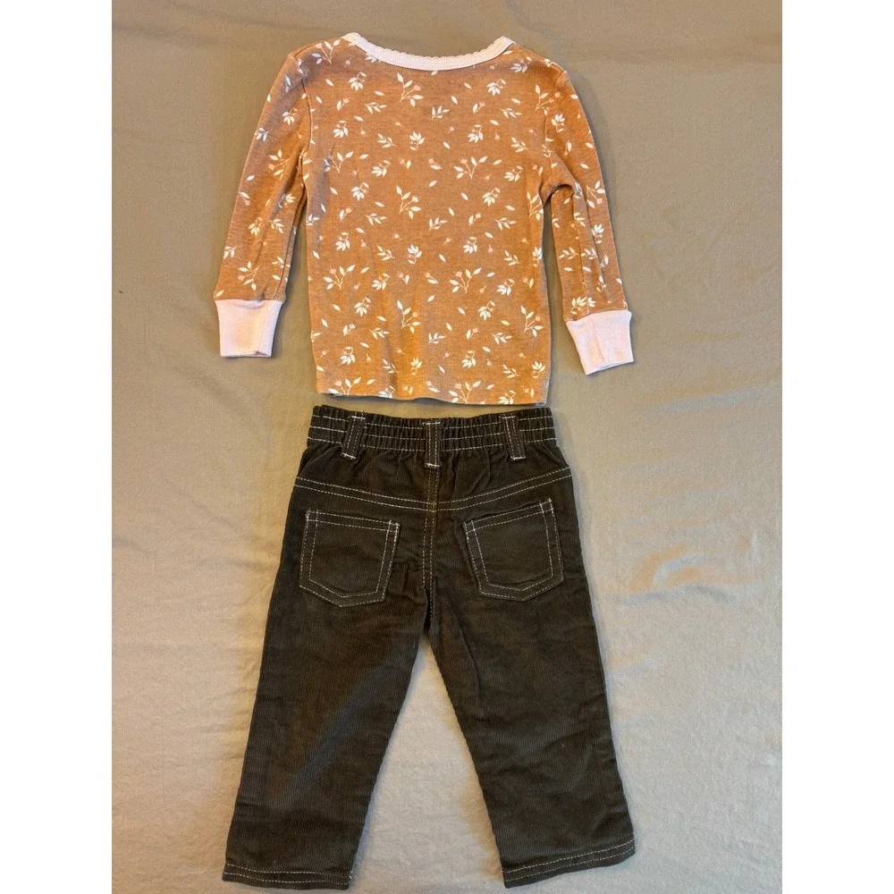 Nicole Miller Baby Girls 18M Orange Floral Long Sleeve‎ Top & Corduroy Pants Set